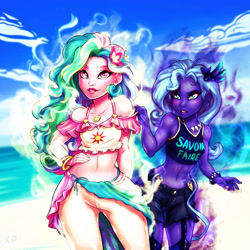 Size: 1600x1600 | Tagged: safe, artist:kp-shadowsquirrel, character:princess celestia, character:princess luna, species:human, beach, belly button, clothing, denim shorts, duo, elf ears, flower, flower in hair, humanized, jeans, jewelry, magic, magic aura, midriff, necklace, off-shoulder top, pants, pony coloring, royal sisters, shorts, sports bra