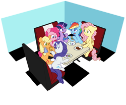Size: 5255x4372 | Tagged: safe, artist:chub-wub, character:applejack, character:fluttershy, character:pinkie pie, character:rainbow dash, character:rarity, character:twilight sparkle, character:twilight sparkle (alicorn), species:alicorn, species:earth pony, species:pegasus, species:pony, species:unicorn, absurd resolution, book, burger, digital art, eating, female, food, glowing horn, hatless, hoof hold, horn, magic, mane six, mare, meat, missing accessory, ponies eating meat, restaurant, smiling, telekinesis
