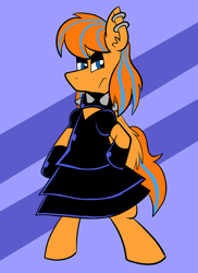 Size: 576x792 | Tagged: safe, artist:pembroke, oc, oc:cold front, species:pegasus, species:pony, angry, clothing, collar, crossdressing, dress, ear piercing, earring, eyeshadow, gothic lolita, jewelry, looking at you, makeup, pegasus oc, piercing, simple background, spiked collar