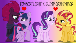Size: 3840x2160 | Tagged: safe, artist:ejlightning007arts, character:starlight glimmer, character:sunset shimmer, character:tempest shadow, character:twilight sparkle, character:twilight sparkle (alicorn), species:alicorn, species:pony, ship:shimmerglimmer, ship:tempestlight, female, group, heart, lesbian, shipping, wallpaper