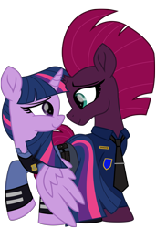 Size: 5992x8777 | Tagged: safe, alternate version, artist:ejlightning007arts, edit, character:fizzlepop berrytwist, character:tempest shadow, character:twilight sparkle, character:twilight sparkle (alicorn), species:alicorn, species:pony, species:unicorn, ship:tempestlight, absurd resolution, broken horn, clothing, cosplay, costume, crossover, disney, female, horn, judy hopps, lesbian, nick wilde, police, police officer, police uniform, shipping, simple background, smiling, transparent background, zootopia