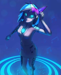 Size: 985x1204 | Tagged: safe, artist:grissaecrim, character:dj pon-3, character:vinyl scratch, species:human, my little pony:equestria girls, blue eyes, blue hair, clothing, commission, crossover, cutie mark clothes, cybertronian, cyborg, female, humanized, humanoid, hybrid, kamina sunglasses, miniskirt, music notes, prosthetics, robot, signature, skirt, solo, sunglasses, techno-organic, transformers