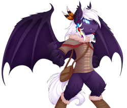 Size: 4500x3792 | Tagged: source needed, safe, artist:scarlet-spectrum, oc, oc only, oc:calla blossom, species:anthro, species:bat pony, species:unguligrade anthro, claws, high res, leg fluff, male, original species, solo, species swap, timber pony, timber wolf, tribal, wing claws