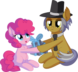 Size: 7443x6944 | Tagged: safe, artist:cyanlightning, character:igneous rock pie, character:pinkie pie, species:earth pony, species:pony, .svg available, absurd resolution, blank flank, clothing, duo, ear fluff, eyes closed, father and child, father and daughter, female, filly, filly pinkie pie, hat, lidded eyes, male, present, rock, simple background, sitting, smiling, stallion, transparent background, upsies, vector, younger