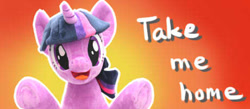 Size: 460x200 | Tagged: safe, artist:nekokevin, character:twilight sparkle, character:twilight sparkle (unicorn), species:pony, species:unicorn, :d, bronybait, female, irl, looking at you, mare, open mouth, photo, plushie, raised hoof, smiling, solo, underhoof