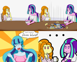 Size: 2000x1600 | Tagged: safe, artist:jake heritagu, character:adagio dazzle, character:aria blaze, character:sonata dusk, comic:aria's archives, my little pony:equestria girls, bowl, chair, clothing, comic, dialogue, didney worl, female, grimdark series, mug, questionable series, speech bubble, spoon, table, wat