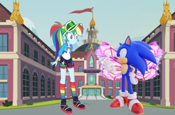 Size: 2032x1337 | Tagged: safe, artist:digimonlover101, artist:ravecrocker, artist:user15432, character:rainbow dash, character:sonic the hedgehog, species:human, episode:festival filters, g4, my little pony: equestria girls, my little pony:equestria girls, spoiler:eqg series (season 2), barely eqg related, canterlot high, clothing, crossover, fairy, fairy wings, female, hedgehog, high school, male, palindrome get, rainbow socks, sega, shoes, sneakers, socks, sonic the hedgehog (series), sonicdash, straight, striped socks, wings