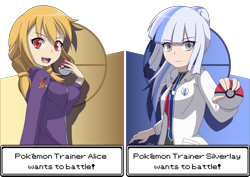 Size: 3057x2165 | Tagged: safe, artist:zacatron94, oc, oc only, oc:alice goldenfeather, oc:silverlay, species:human, blue background, clothing, crossover, duo, female, humanized, pokéball, pokémon, simple background, yellow background