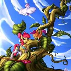 Size: 4000x4000 | Tagged: safe, artist:neko-me, character:apple bloom, character:scootaloo, character:sweetie belle, species:anthro, species:pegasus, species:pony, species:unguligrade anthro, absurd resolution, apple bloomers, beanstalk, belly button, clothing, cloud, cutie mark crusaders, eyes closed, midriff, open mouth, pants, screaming, shorts, sky, staff