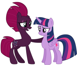 Size: 12012x10137 | Tagged: safe, artist:ejlightning007arts, base used, character:tempest shadow, character:twilight sparkle, character:twilight sparkle (alicorn), species:alicorn, species:pony, species:unicorn, ship:tempestlight, broken horn, eye scar, female, hoof on shoulder, horn, lesbian, mare, scar, shipping, simple background, smiling, transparent background, vector