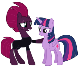 Size: 12012x10137 | Tagged: safe, artist:ejlightning007arts, base used, character:tempest shadow, character:twilight sparkle, character:twilight sparkle (alicorn), species:alicorn, species:pony, species:unicorn, ship:tempestlight, my little pony: the movie (2017), broken horn, clothing, eye scar, female, hoof on shoulder, horn, jumpsuit, lesbian, mare, scar, shipping, simple background, smiling, transparent background, vector