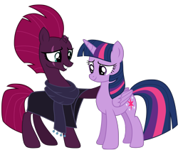 Size: 12012x10137 | Tagged: safe, artist:ejlightning007arts, base used, character:tempest shadow, character:twilight sparkle, character:twilight sparkle (alicorn), species:alicorn, species:pony, species:unicorn, ship:tempestlight, broken horn, clothing, eye scar, female, hoof on shoulder, horn, lesbian, mare, scar, scarf, shipping, simple background, smiling, transparent background, vector, winter coat
