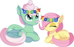 Size: 8954x5660 | Tagged: safe, artist:cyanlightning, character:fluttershy, character:gentle breeze, species:pegasus, species:pony, .svg available, absurd resolution, blank flank, cute, duo, ear fluff, eyes closed, facial hair, father and child, father and daughter, female, filly, floral head wreath, flower, male, moustache, shyabetes, simple background, sitting, smiling, stallion, transparent background, vector, younger