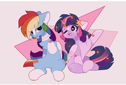 Size: 1716x1152 | Tagged: safe, artist:little-sketches, character:rainbow dash, character:twilight sparkle, character:twilight sparkle (alicorn), species:alicorn, species:pegasus, species:pony, ship:twidash, alternate design, bandage, blushing, chest fluff, cute, ear fluff, eye clipping through hair, female, lesbian, mare, one eye closed, shipping, simple background, stars, white background