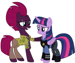 Size: 12012x10137 | Tagged: safe, artist:ejlightning007arts, base used, character:tempest shadow, character:twilight sparkle, character:twilight sparkle (alicorn), species:alicorn, species:pony, species:unicorn, ship:tempestlight, my little pony: the movie (2017), broken horn, clothing, cosplay, costume, eye scar, female, hawaiian shirt, hoof on shoulder, horn, judy hopps, lesbian, mare, necktie, nick wilde, police, police officer, police uniform, scar, shipping, shirt, simple background, smiling, transparent background, vector, zootopia