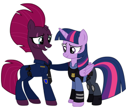 Size: 12012x10137 | Tagged: safe, artist:ejlightning007arts, base used, character:tempest shadow, character:twilight sparkle, character:twilight sparkle (alicorn), species:alicorn, species:pony, species:unicorn, ship:tempestlight, my little pony: the movie (2017), broken horn, crossover, eye scar, female, hoof on shoulder, judy hopps, lesbian, mare, nick wilde, police, police officer, police uniform, shipping, simple background, smiling, transparent background, vector, zootopia
