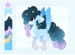 Size: 1818x1338 | Tagged: safe, artist:little-sketches, oc, oc:stellar constellation, species:pegasus, species:pony, chest fluff, color palette, ear fluff, ethereal mane, eye clipping through hair, female, flying, galaxy mane, reference sheet, stars, two toned wings, wings