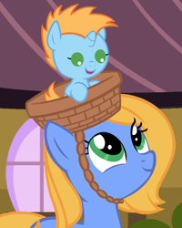Size: 900x1125 | Tagged: safe, artist:beavernator, oc, oc only, oc:corona muse, oc:harmony star, species:pony, baby, baby pony, basket, colt, female, male, mare, mother and child, mother and son, pony hat, pony in a basket