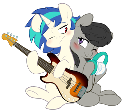 Size: 3720x3343 | Tagged: safe, artist:chub-wub, character:dj pon-3, character:octavia melody, character:vinyl scratch, species:earth pony, species:pony, species:unicorn, ship:scratchtavia, back to back, bass guitar, blushing, female, headphones, high res, hoof hold, lesbian, mare, missing accessory, musical instrument, one eye closed, shipping, simple background, song, song reference, transparent background, wrong eye color