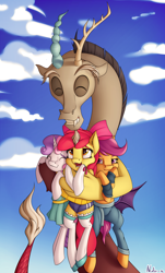 Size: 2412x4000 | Tagged: safe, artist:neko-me, character:apple bloom, character:discord, character:scootaloo, character:sweetie belle, species:draconequus, species:earth pony, species:pegasus, species:pony, species:unicorn, apple buruma project, clothing, cloud, cute, cutie mark crusaders, discute, eyes closed, grin, happy, hug, midriff, scootaloo is not amused, semi-anthro, smiling, sports panties, teeth, unamused
