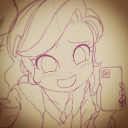 Size: 800x800 | Tagged: safe, artist:uotapo, character:diamond tiara, my little pony:equestria girls, cellphone, lineart, monochrome, phone, sketch, smiling