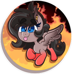 Size: 1456x1504 | Tagged: safe, artist:binkyt11, derpibooru original, oc, oc only, oc:fire attack, species:bat pony, species:pegasus, species:pony, blep, chibi, circle background, cute, cute little fangs, ear fluff, ear piercing, earring, fangs, fire, jewelry, piercing, simple background, solo, tongue out, transparent background