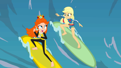 Size: 3498x1967 | Tagged: safe, artist:doraair, artist:user15432, base used, character:applejack, species:human, episode:blue crushed (a.k.a baewatch), episode:surf and/or turf, g4, my little pony: equestria girls, my little pony: friendship is magic, my little pony:equestria girls, barefoot, barely eqg related, clothing, crossover, crown, ear piercing, earring, equestria girls style, equestria girls-ified, feet, grin, jewelry, looking at each other, mario & sonic, mario & sonic at the olympic games, mario & sonic at the olympic games tokyo 2020, mario and sonic, mario and sonic at the olympic games, nintendo, open mouth, piercing, princess daisy, regalia, smiling, super mario bros., surfboard, surfer, surfing, swimsuit, wave, wetsuit