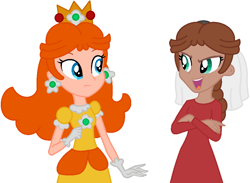 Size: 985x722 | Tagged: safe, artist:strassenlaterne, artist:user15432, base used, species:human, my little pony:equestria girls, (mario) the music box, barely eqg related, clothing, crossed arms, crossover, crown, dorothy, dress, ear piercing, earring, equestria girls style, equestria girls-ified, gloves, gown, jewelry, looking at each other, open mouth, piercing, princess daisy, regalia, super mario bros.