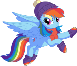 Size: 7187x6178 | Tagged: safe, artist:cyanlightning, character:rainbow dash, species:pegasus, species:pony, .svg available, absurd resolution, clothing, cute, dashabetes, dress, female, flying, lidded eyes, looking at you, mare, scarf, simple background, smiling, solo, spread wings, svg, transparent background, vector, wings, winter outfit