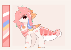 Size: 1938x1374 | Tagged: safe, artist:little-sketches, oc, oc:saki, species:pegasus, species:pony, bandaid, blushing, chest fluff, closed species, color palette, deviantart watermark, ear fluff, eye clipping through hair, female, obtrusive watermark, original species, pink background, plant, reference sheet, simple background, solo, stars, suisei pony, watermark, wings