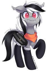 Size: 1866x2806 | Tagged: safe, alternate version, artist:scarlet-spectrum, patreon reward, oc, oc only, oc:stormdancer, species:bat pony, species:pony, bandana, bat pony oc, bat wings, chest fluff, clothing, colored pupils, cute, fangs, floppy ears, looking at you, male, patreon, raised hoof, simple background, smiling, socks, solo, transparent background, two toned mane, wing ring, wings