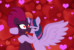 Size: 3015x2059 | Tagged: safe, artist:ejlightning007arts, character:tempest shadow, character:twilight sparkle, character:twilight sparkle (alicorn), species:alicorn, species:pony, species:unicorn, ship:tempestlight, episode:hearts and hooves day, g4, my little pony: friendship is magic, broken horn, eye scar, eyes closed, female, heart, heart eyes, holiday, horn, kiss on the cheek, kissing, lesbian, romantic, scar, shipping, textless, tongue out, valentine, valentine's day, wingding eyes