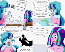 Size: 2000x1600 | Tagged: safe, artist:jake heritagu, character:aria blaze, character:sonata dusk, comic:aria's archives, my little pony:equestria girls, cape, clothing, comic, dialogue, female, florida, florida man, grimdark series, questionable series, silhouette, speech bubble, table