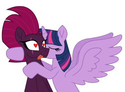 Size: 11438x8417 | Tagged: safe, artist:ejlightning007arts, character:tempest shadow, character:twilight sparkle, character:twilight sparkle (alicorn), species:alicorn, species:pony, species:unicorn, ship:tempestlight, broken horn, eye scar, eyes closed, female, heart, heart eyes, horn, kiss on the cheek, kissing, lesbian, scar, shipping, simple background, tongue out, transparent background, vector, wingding eyes