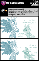 Size: 800x1239 | Tagged: safe, artist:sintakhra, character:gallus, character:ocellus, species:changeling, species:griffon, species:reformed changeling, tumblr:studentsix, ..., flying, forelegs crossed, gallus is not amused, looking at each other, looking at you, post-it, unamused