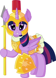 Size: 5516x7718 | Tagged: safe, artist:cyanlightning, character:twilight sparkle, character:twilight sparkle (alicorn), species:alicorn, species:pony, episode:scare master, g4, my little pony: friendship is magic, absurd resolution, armor, armor skirt, athena, athena sparkle, beautiful, clothing, costume, cute, female, looking at you, mare, nightmare night, nightmare night costume, shield, simple background, skirt, smiling, smug, solo, spear, transparent background, vector, weapon