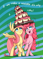 Size: 2400x3300 | Tagged: safe, artist:docwario, character:fluttershy, character:pinkie pie, species:earth pony, species:pegasus, species:pony, abstract background, balancing, cake, cute, duo, food, head carry, high res