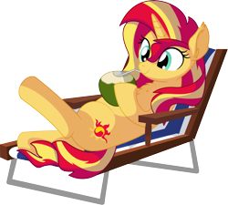 Size: 6922x6228 | Tagged: safe, artist:cyanlightning, character:sunset shimmer, species:pony, species:unicorn, .svg available, absurd resolution, chair, chest fluff, coconut, coconut cup, cute, drinking, drinking straw, ear fluff, female, food, mare, on back, simple background, sitting, smiling, solo, straw, transparent background, vector