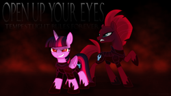 Size: 3840x2160 | Tagged: safe, artist:ejlightning007arts, character:tempest shadow, character:twilight sparkle, character:twilight sparkle (alicorn), species:alicorn, species:pony, species:unicorn, ship:tempestlight, my little pony: the movie (2017), armor, broken horn, evil twilight, fallen hero, female, horn, lesbian, open up your eyes, raised hoof, shipping, smoke, traitor sparkle, twilight is anakin, wallpaper