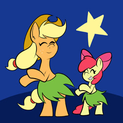 Size: 576x576 | Tagged: safe, artist:pembroke, character:apple bloom, character:applejack, species:earth pony, species:pony, adorabloom, apple sisters, bipedal, bow, clothing, cowboy hat, cute, duo, duo female, eyes closed, female, freckles, grass skirt, hat, hula, hula dance, hulabloom, hulajack, jackabetes, siblings, sisterly love, sisters, skirt, smiling, stars, stetson