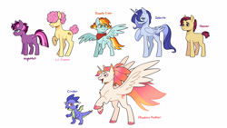Size: 4096x2303 | Tagged: safe, artist:kianamai, character:li'l cheese, oc, oc:cinder, oc:hoover, oc:nightfall, oc:phoenix feather, oc:selenite, oc:zapple cider, parent:applejack, parent:discord, parent:fluttershy, parent:princess celestia, parent:princess ember, parent:princess luna, parent:queen novo, parent:rainbow dash, parent:rarity, parent:spike, parent:tempest shadow, parent:twilight sparkle, parents:appledash, parents:discoshy, parents:emberspike, parents:novolestia, parents:rariluna, parents:tempestlight, species:alicorn, species:dragon, species:earth pony, species:pegasus, species:pony, species:unicorn, kilalaverse iii, episode:the last problem, g4, my little pony: friendship is magic, alicorn oc, bandana, colored hooves, female, hair over eyes, hoof on chest, horn, hybrid, interspecies offspring, magical lesbian spawn, male, mare, next generation, offspring, rearing, short tail, simple background, spread wings, stallion, white background, wings