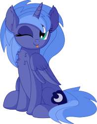 Size: 5844x7454 | Tagged: safe, artist:cyanlightning, character:princess luna, species:alicorn, species:pony, .svg available, absurd resolution, blep, blinking, cute, ear fluff, female, lunabetes, mare, one eye closed, s1 luna, simple background, sitting, smiling, solo, tongue out, transparent background, vector