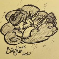 Size: 2361x2361 | Tagged: safe, artist:binkyt11, character:scootaloo, species:pegasus, species:pony, cloud, female, filly, pen, signature, sleeping, solo, sticky note, traditional art