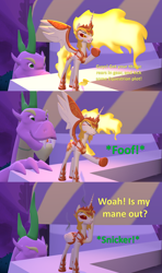 Size: 1920x3240 | Tagged: safe, artist:red4567, character:daybreaker, character:princess celestia, character:spike, species:alicorn, species:dragon, species:pony, 3 panel comic, 3d, blowing, comic, disney, hades, hercules, laughing, mane of fire, movie reference, prank, source filmmaker, spikezilla