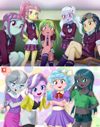 Size: 1200x1534 | Tagged: safe, artist:uotapo, edit, character:cozy glow, character:diamond tiara, character:indigo zap, character:lemon zest, character:queen chrysalis, character:silver spoon, character:sour sweet, character:sugarcoat, character:sunny flare, my little pony:equestria girls, adoraflare, bedroom eyes, belly button, blushing, bra, cellphone, classroom, clothing, cozybetes, crossed arms, crossed legs, crystal prep academy uniform, cute, cutealis, diamondbetes, dress, female, females only, glasses, goggles, hand on hip, looking at you, midriff, miniskirt, open mouth, phone, pleated skirt, school uniform, shadow five, short shirt, shorts, silverbetes, skirt, smartphone, smiling, sourbetes, sugarcute, underwear, younger, zapabetes, zestabetes