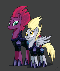 Size: 7538x8831 | Tagged: safe, artist:docwario, character:derpy hooves, character:tempest shadow, species:pegasus, species:pony, species:unicorn, g4, my little pony: the movie (2017), alternate hairstyle, armor, broken horn, command, confused, duo, female, frown, hoof shoes, looking down, mare, mimicry, mohawk, narrowed eyes, raised eyebrow, spread wings, wings