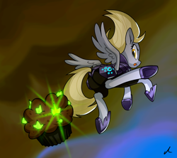 Size: 3000x2661 | Tagged: safe, artist:docwario, character:derpy hooves, species:pegasus, species:pony, g4, my little pony: the movie (2017), armor, digital art, female, food, kicking, mare, muffin, obsidian orb, solo