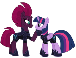 Size: 12560x9574 | Tagged: safe, artist:ejlightning007arts, character:tempest shadow, character:twilight sparkle, character:twilight sparkle (alicorn), species:alicorn, species:pony, species:unicorn, ship:tempestlight, my little pony: the movie (2017), absurd resolution, armor, broken horn, eye scar, fallen hero, female, hoof on chin, horn, lesbian, raised hoof, scar, shipping, simple background, storm army, traitor sparkle, transparent background, vector