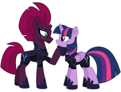Size: 12560x9574 | Tagged: safe, artist:ejlightning007arts, character:tempest shadow, character:twilight sparkle, character:twilight sparkle (alicorn), species:alicorn, species:pony, species:unicorn, ship:tempestlight, my little pony: the movie (2017), absurd resolution, armor, broken horn, evil, eye scar, fallen hero, female, fixed image, hoof on chin, hoof shoes, horn, lesbian, mare, raised hoof, scar, shipping, simple background, storm army, transparent background, updated, vector