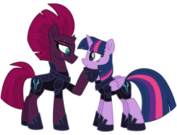 Size: 12560x9574 | Tagged: safe, artist:ejlightning007arts, character:tempest shadow, character:twilight sparkle, character:twilight sparkle (alicorn), species:alicorn, species:pony, species:unicorn, ship:tempestlight, my little pony: the movie (2017), absurd resolution, armor, broken horn, evil, eye scar, fallen hero, female, fixed, fixed image, hoof on chin, hoof shoes, horn, lesbian, mare, raised hoof, scar, shipping, simple background, storm army, traitor sparkle, transparent background, updated, vector